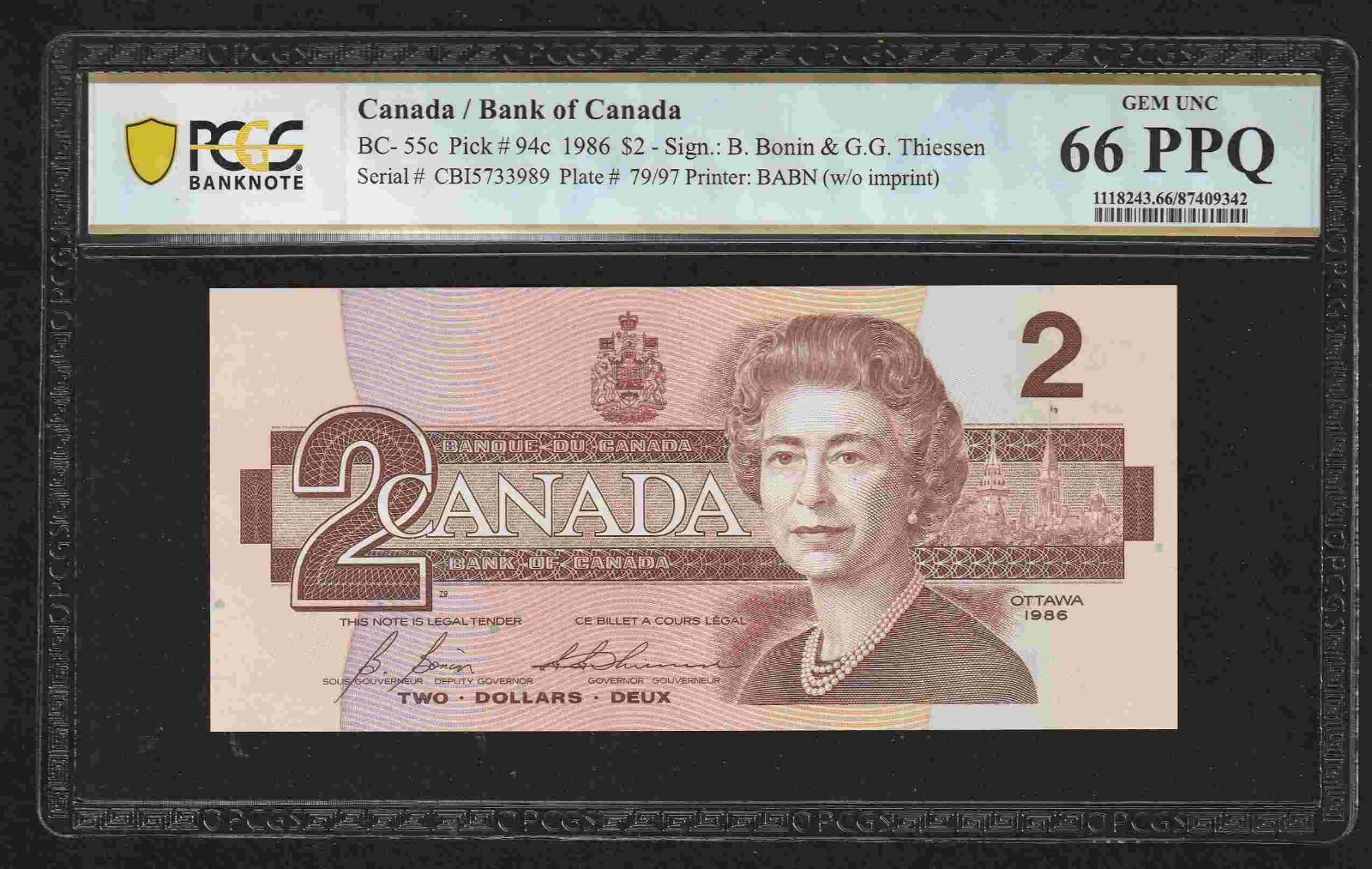 CANADA $2 1986 PCGS 66 PPQ GEM UNC BC-55c PICK 94c BONIN/THIESSEN