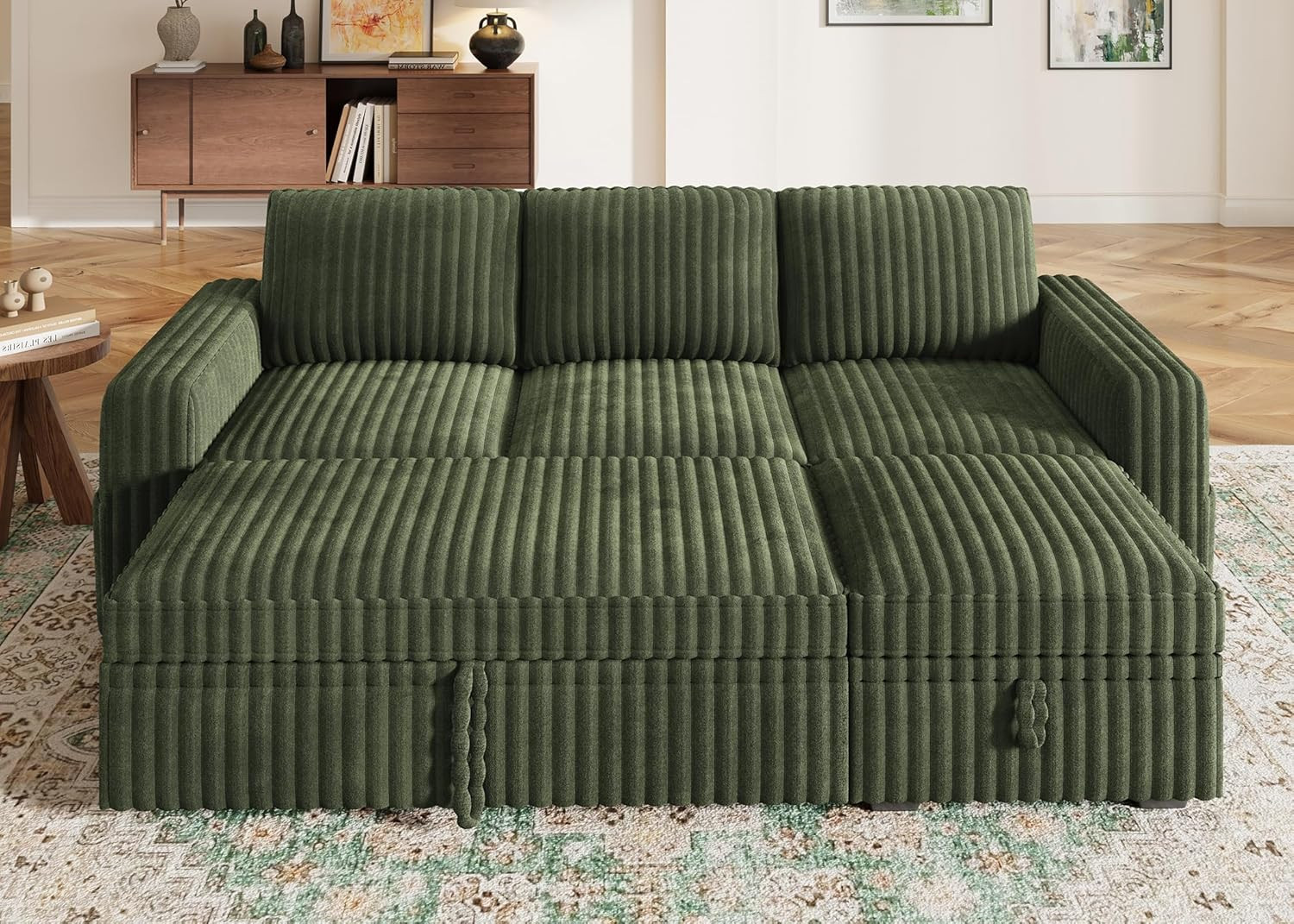Modular Sectional Sofa with Pull Out Bed,Corduroy L Shaped Sleeper Sofa with Sto