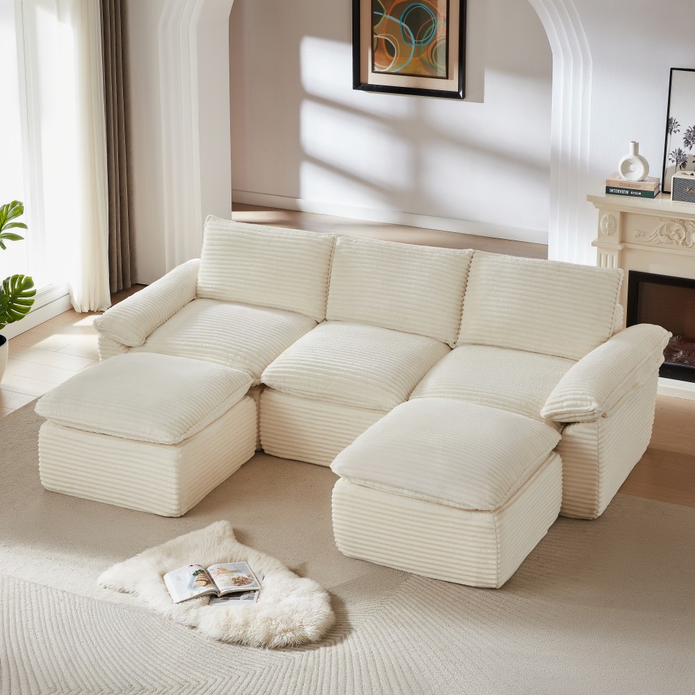 Modern Corduroy Cloud Sofa w/ Comfortable Seating, 5-Seat Sectional