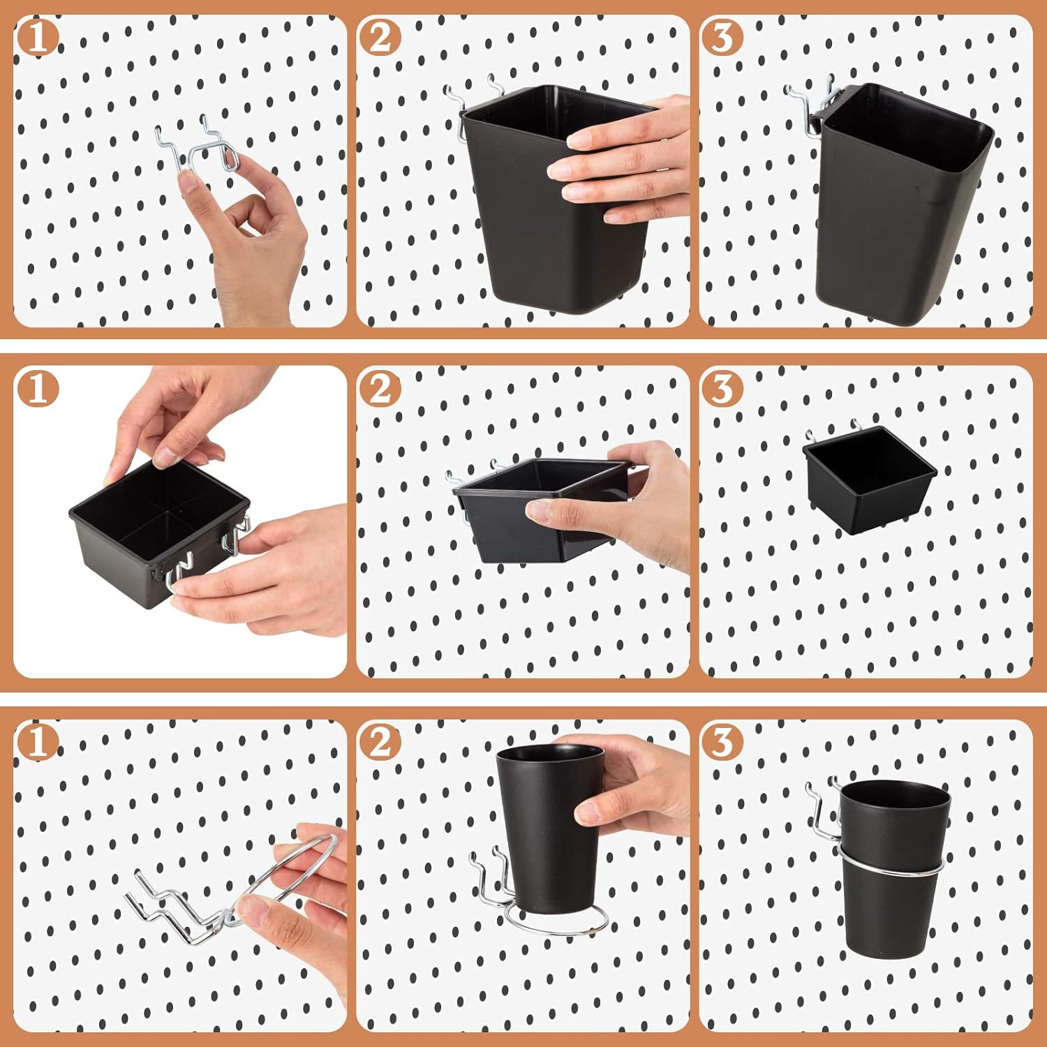 12 Pcs Pegboard Bins Pegboard Cups with Hooks and Loops Peg Assortment Organizer