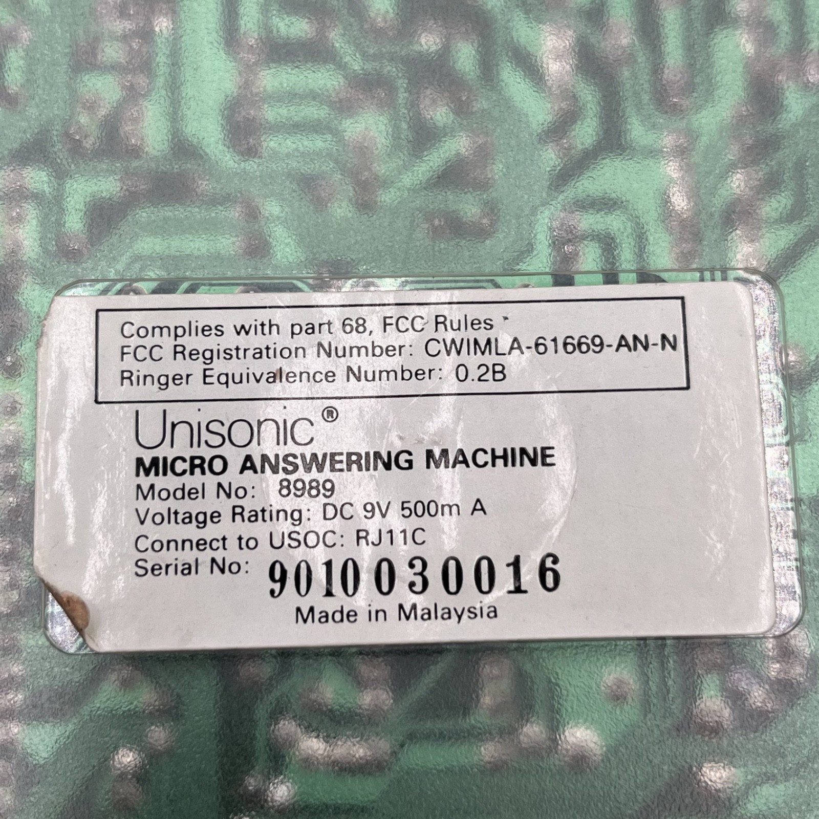 Unisonic Answer Machine Model 8989 Clear View Untested