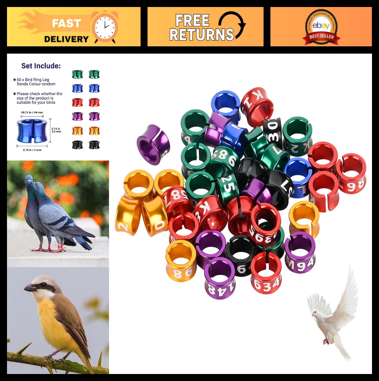 50 PCS Aluminum Open Bird Leg Bands - Colorful Split Rings for Pigeons, Parrots,