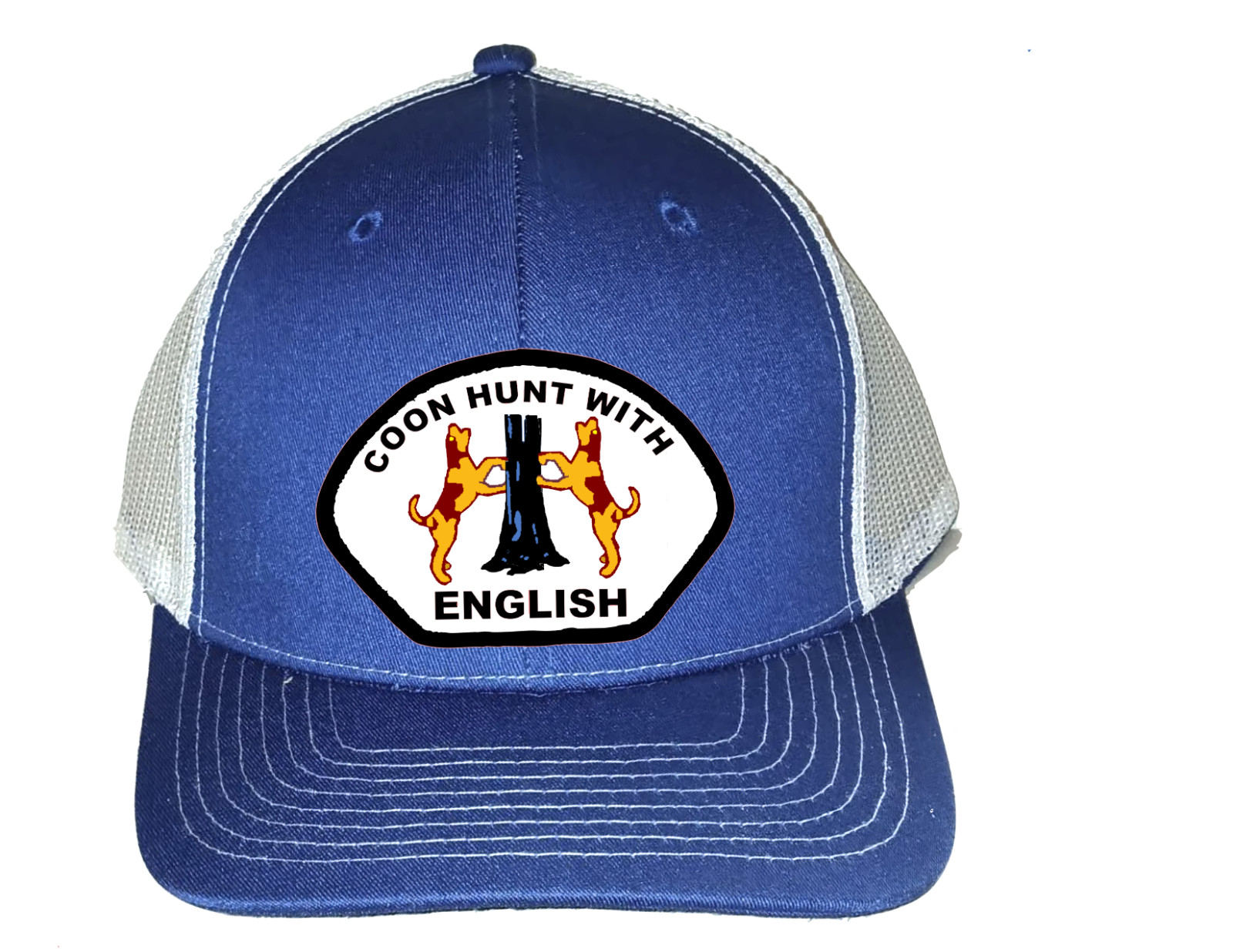 Cap Hat Blue White Mesh Hunt With English Hunter Coonhound Hound Dog Press On