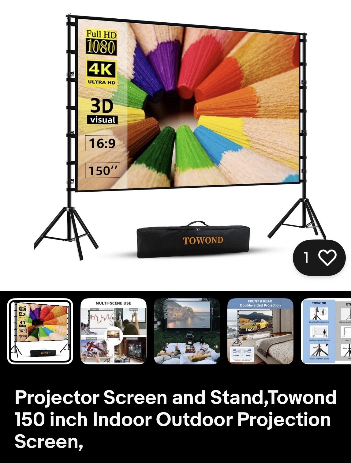 TOWOND 150 in Portable Projector Screen w/ Stand 16:9 Indoor/Outdoor