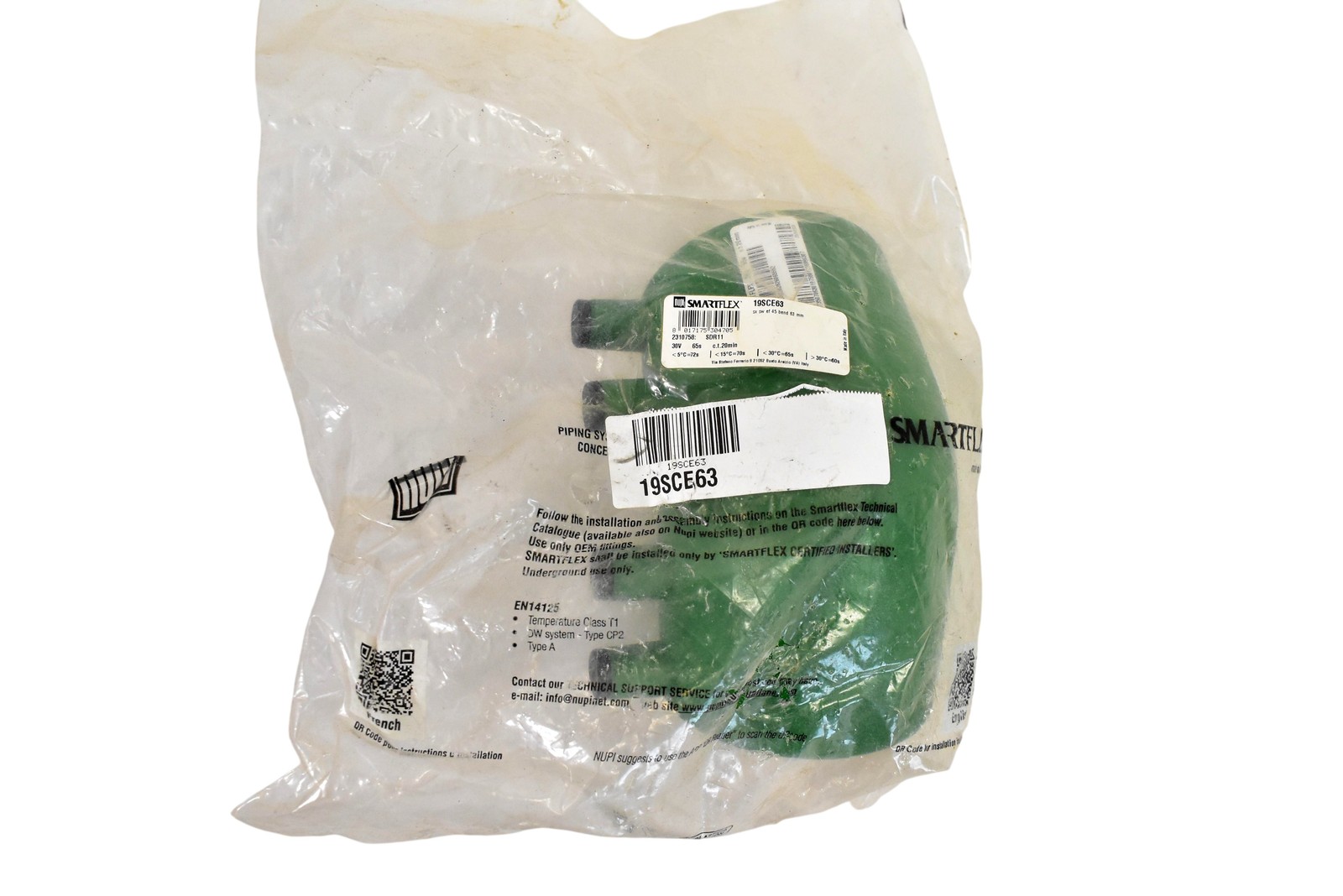 NUPI SMARTFLEX 63mm 45deg Elbow Polyethylene SDR11 2 Outlet Green 19SCE63