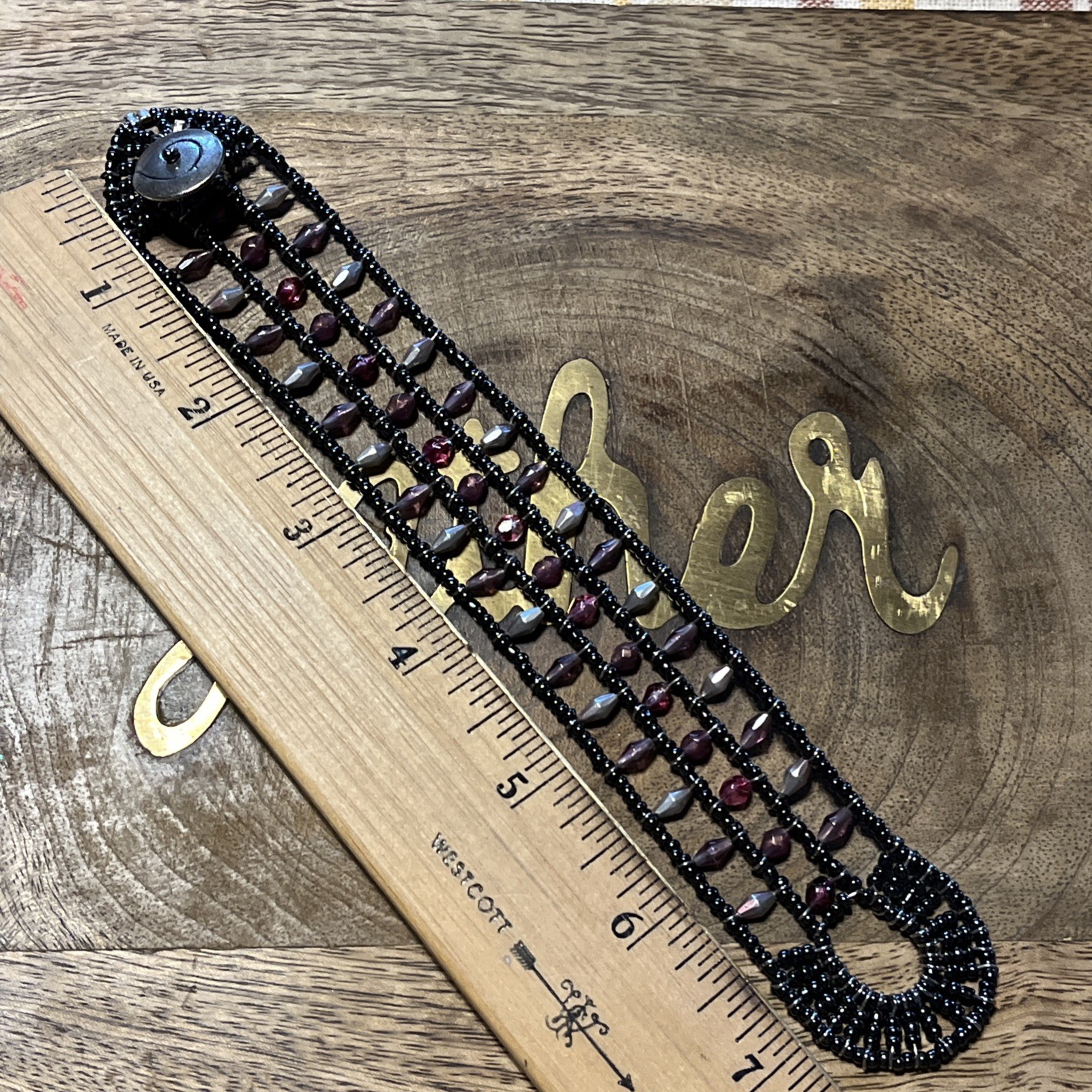 Boho Wrap Bracelet Black & Pink Crystal Beads Silvertone Swirl Button