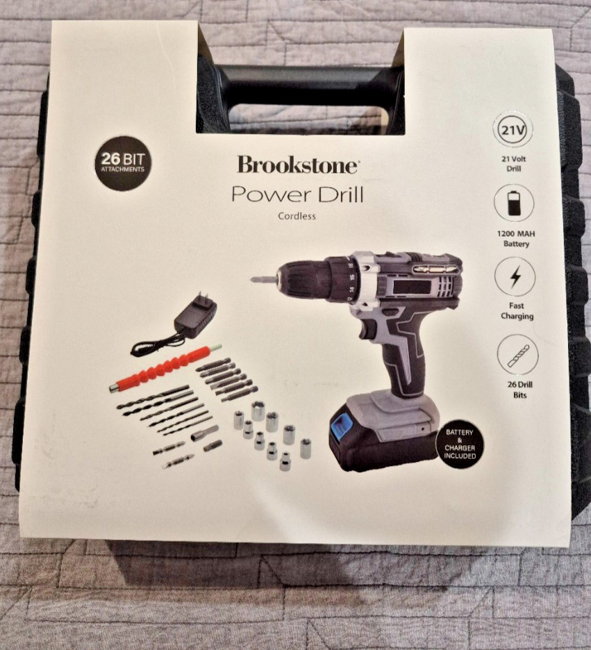 Brookstone Cordless Power Drill Set 21V, LED, Fast Charging, 29-Piece Kit, Case