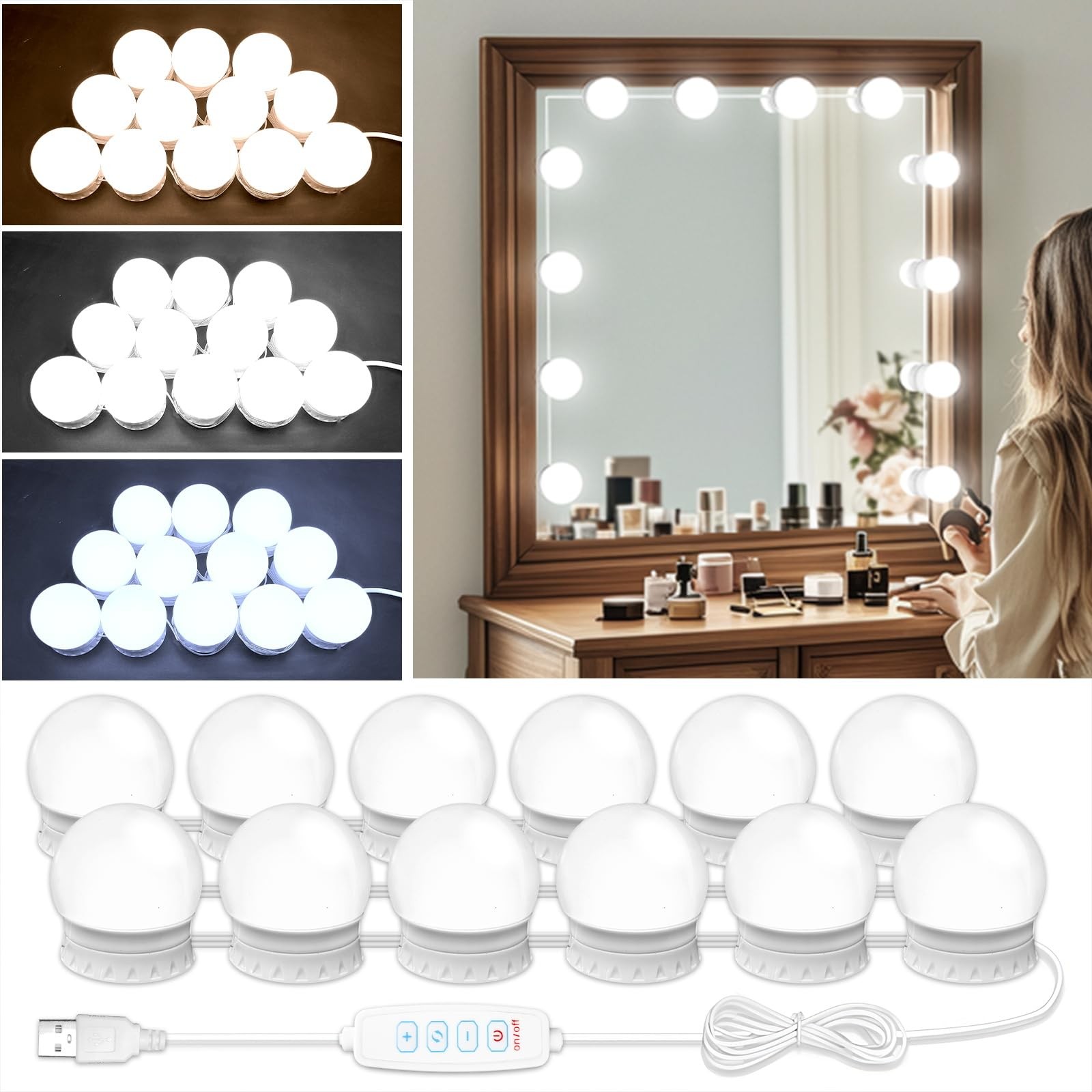 Mirror Vanity Lights 12 Dimmable Bulbs 3000K-6500K USB Powered LED Adjustable