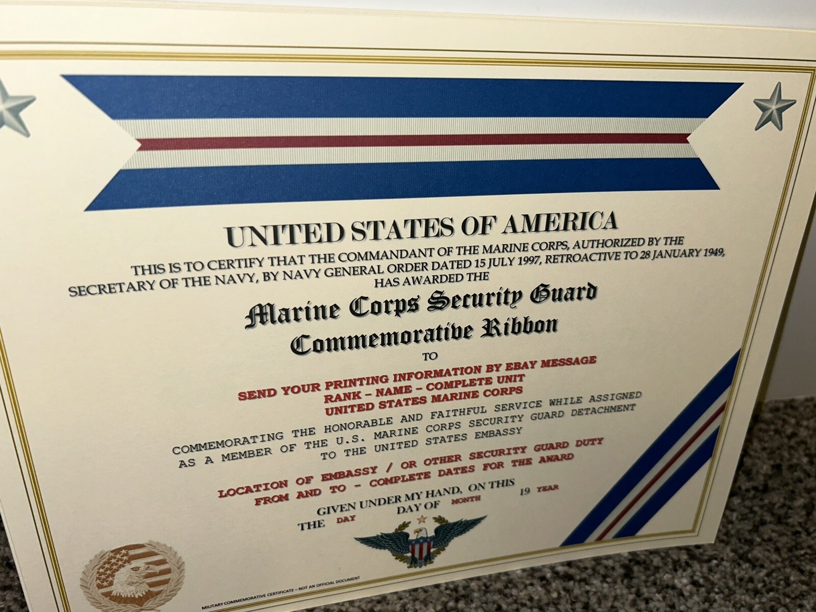 MARINE CORPS SECURITY GUARD RIBBON COMMEMORATIVE CERTIFICATE ~ W/PRINTING TYPE-1