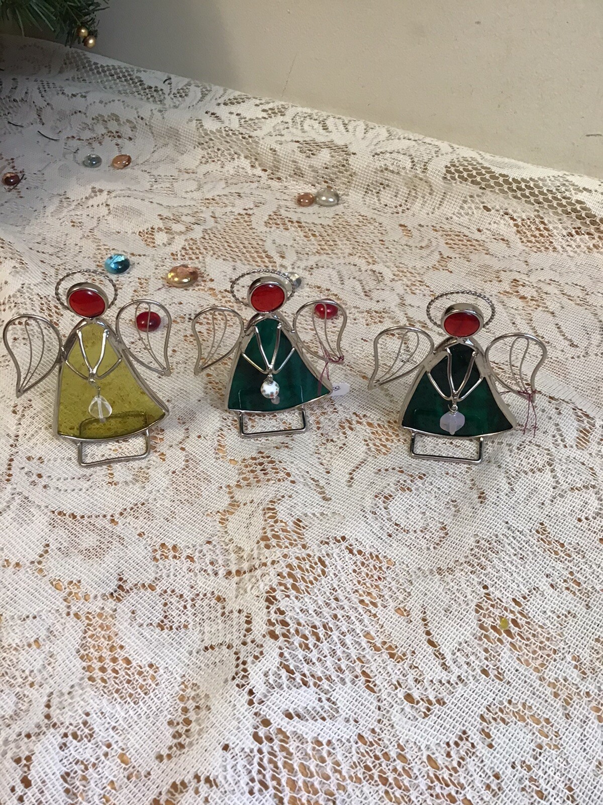 3 Stained Glass Angels - Green & Yellow Sun catchers / Ornaments - Free Standing