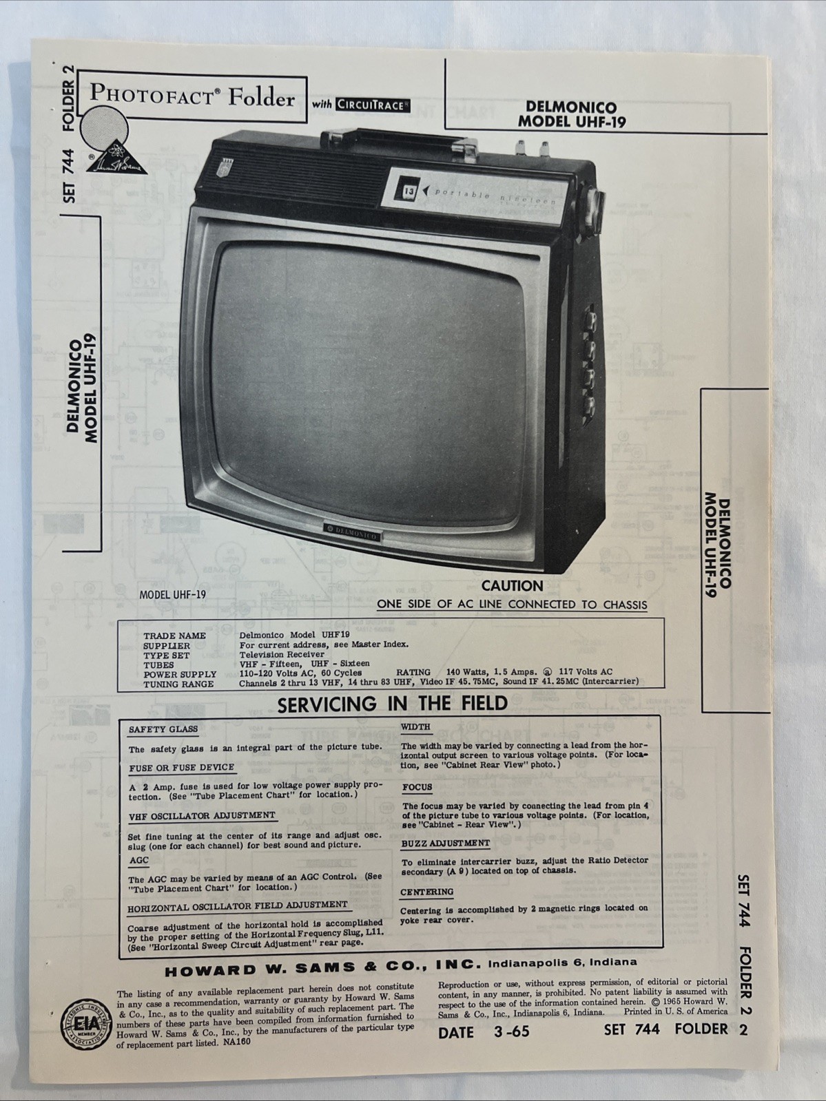Vintage Sams Photofact Schematic 3-1965 DELMONICO MODEL UHF-19