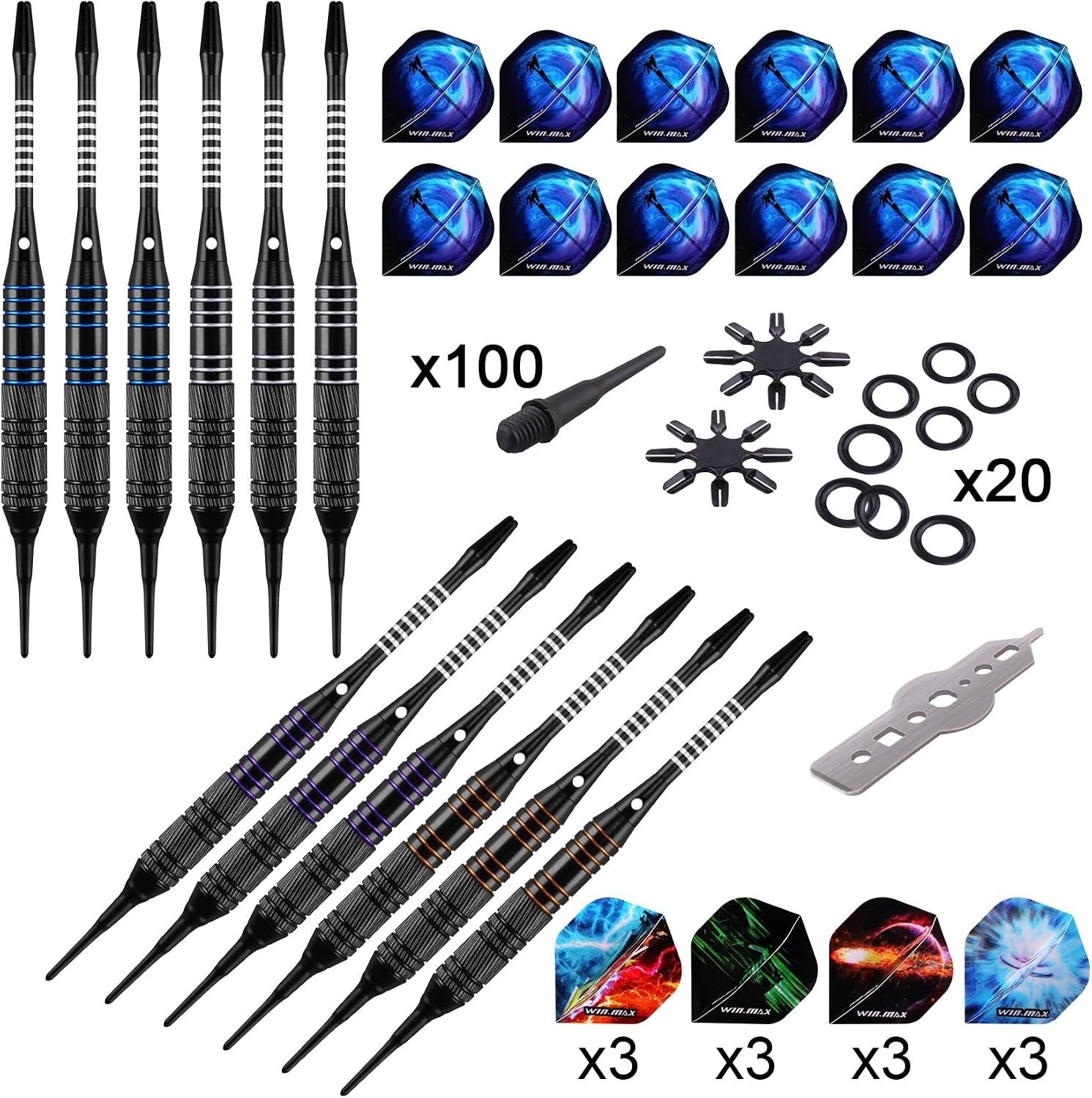 Complete 12-Piece Soft Tip Darts Set with 100 Tips & Unique Flights for Elegance