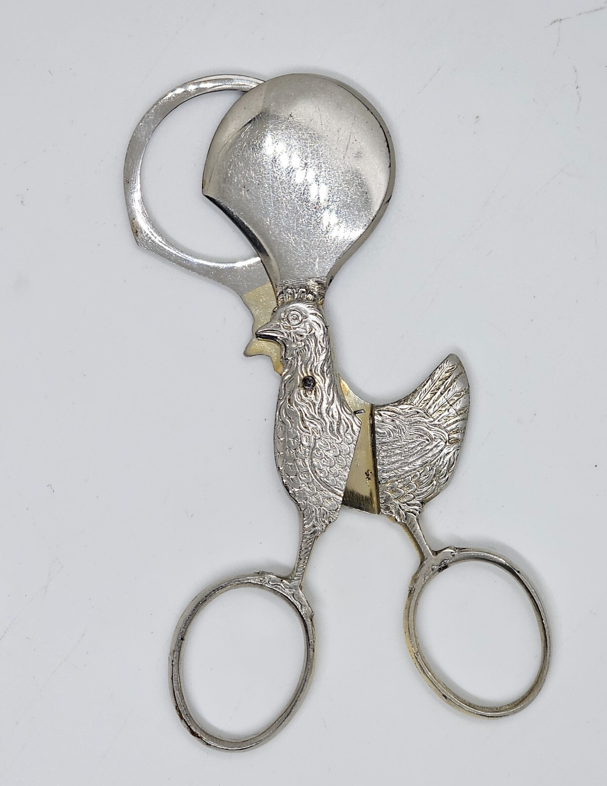 antique Chicken shaped boiled egg topper scissors silver metal 20th century