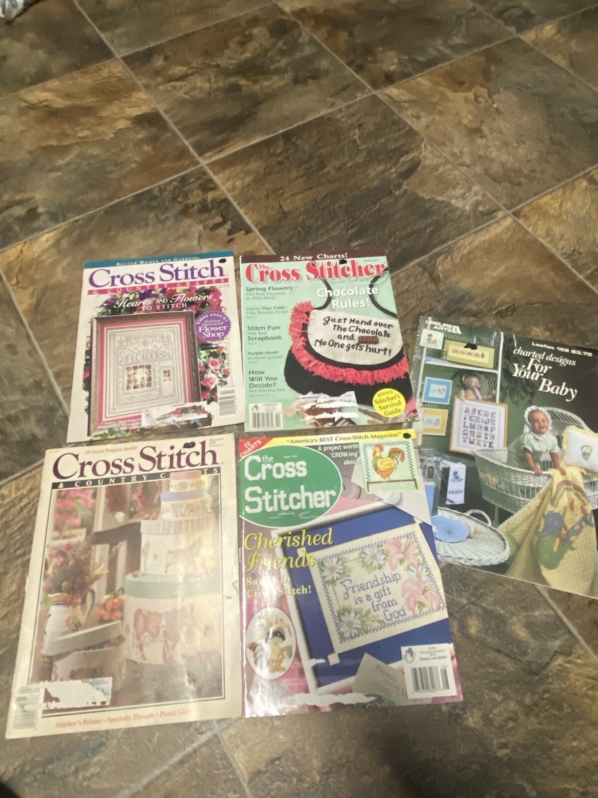 Lot of 5 vintage cross stitch magazines with multiple patterns