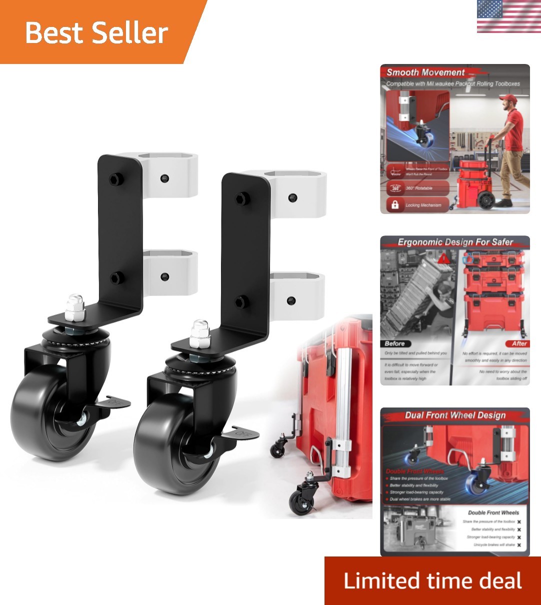 Ergonomic Dual Front Wheels for Milwaukee Packout Toolboxes - 200lbs Capacity