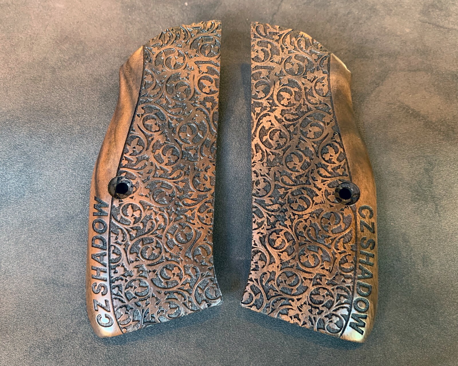 CZ Shadow 2 Turkish Walnut Wood Grips. Floral with Banner. Handmade. A+ Quality