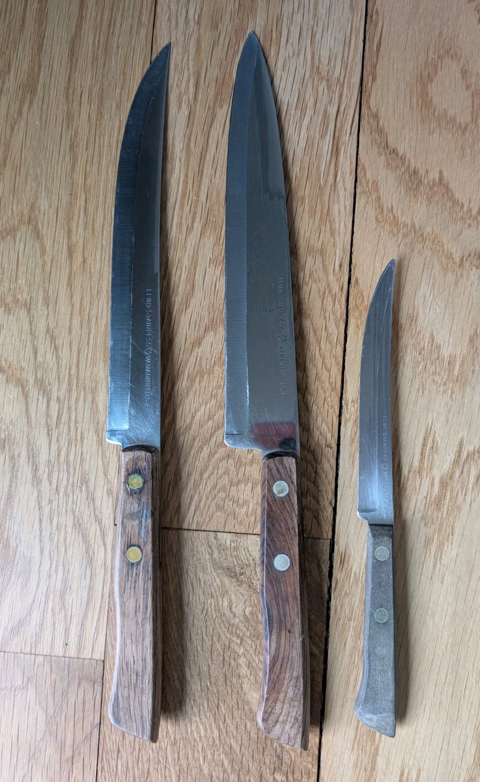 Vintage Flint Stainless Vanadium Kitchen Knives Lot Of 3 Arrow USA