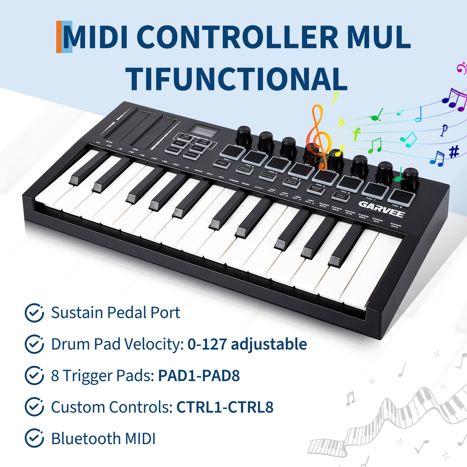 25-Key USB MIDI Keyboard w/8 Pads, 8 Knobs & OLED, Portable for DAW