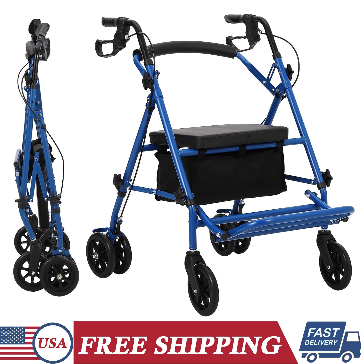 Foldable Rolling Rollator Walker Transport Chair for Seniors w/ Seat & 6" Wheels