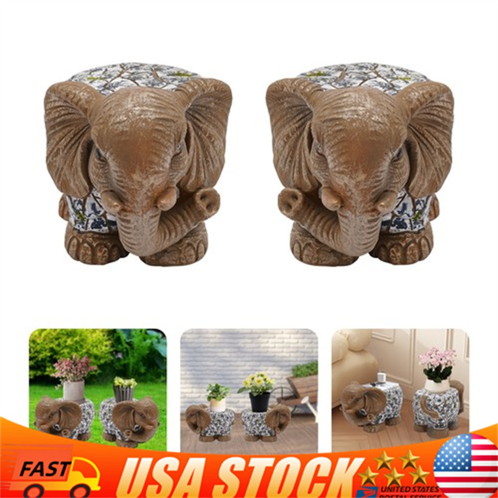 2PCS Brown Elephant Garden Stool Carving Garden Chair For Patio Garden Decorate