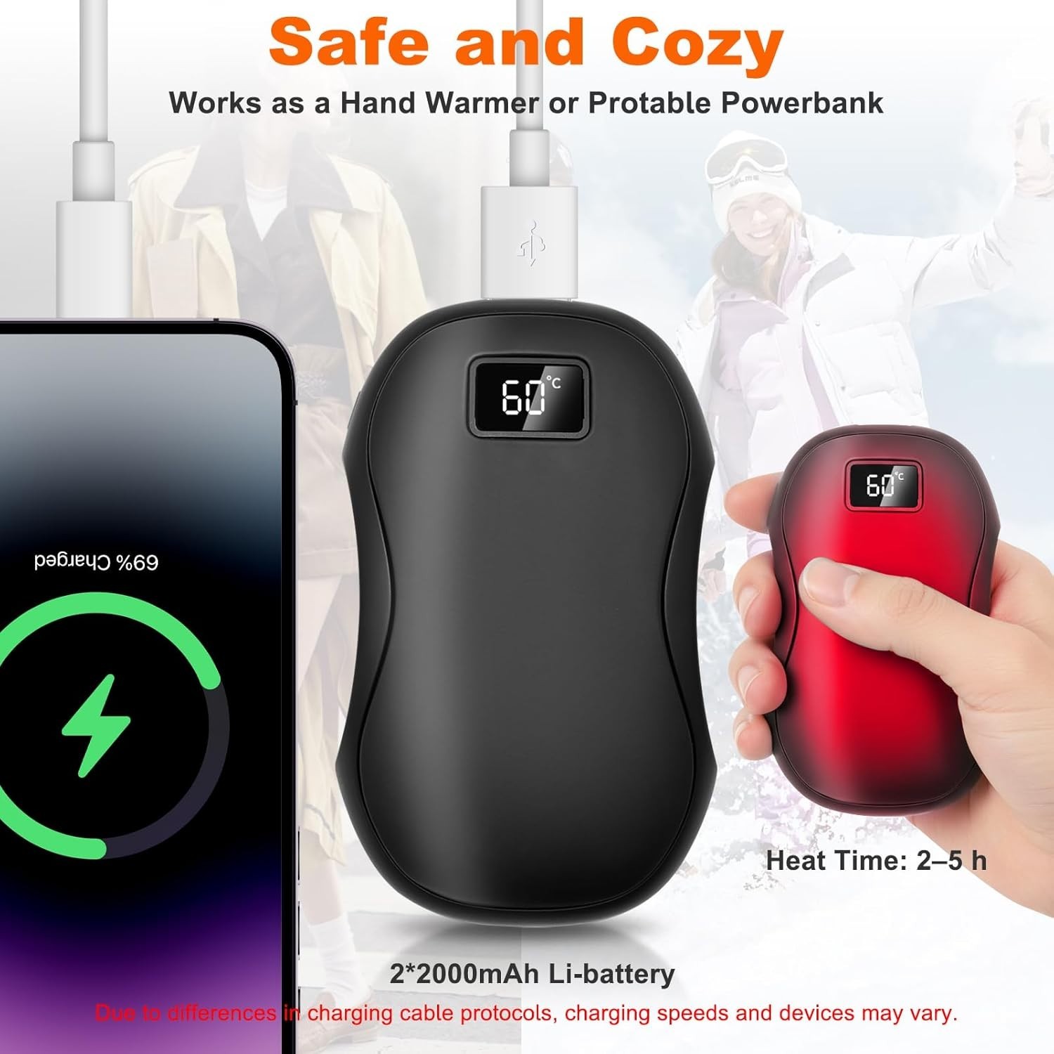 Pack of 2 Electric Rechargeable Hand Warmers Power Bank 4000mAh Portable Heater