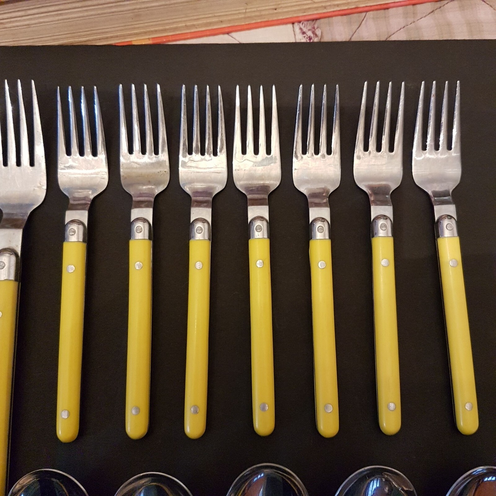 Crown Corning Yellow Riveted Handle Spoon Fork Knife LOT Stainless Flatware