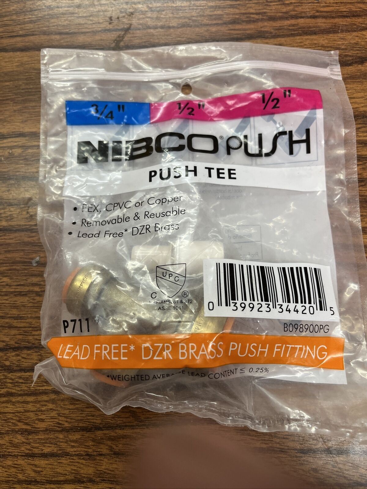 5 PIECES 3/4" x 1/2" x 1/2" SHARKBITE STYLE PUSH FIT REDUCING TEE - LEAD FREE