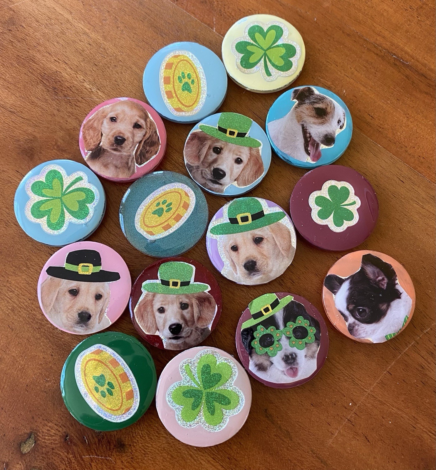 15pc 1” Handmade St. Patrick’s Day Doggie Fridge Magnets DOGS PUPPY IRISH CLOVER