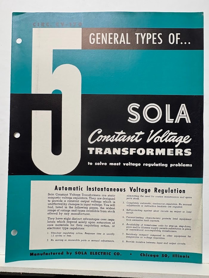 Vtg SOLA Electric Co Brochure 1953 Transformers