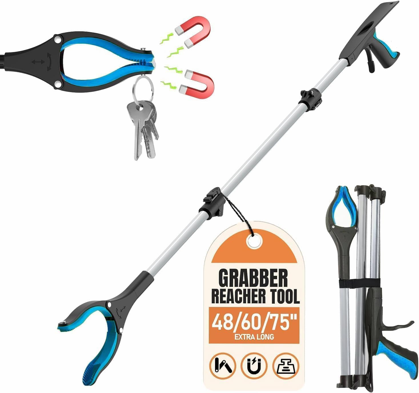 60" Extra Long Grabber Reacher Tool, Aluminum Foldable Reacher Grabber, Dual Mag