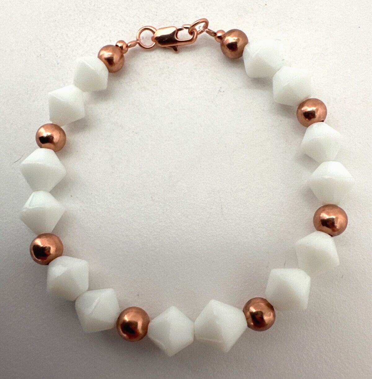 Copper 6mm Copper Beads and 8mm Milk Glass Bicone Beaded 7 1/2" Bracelet