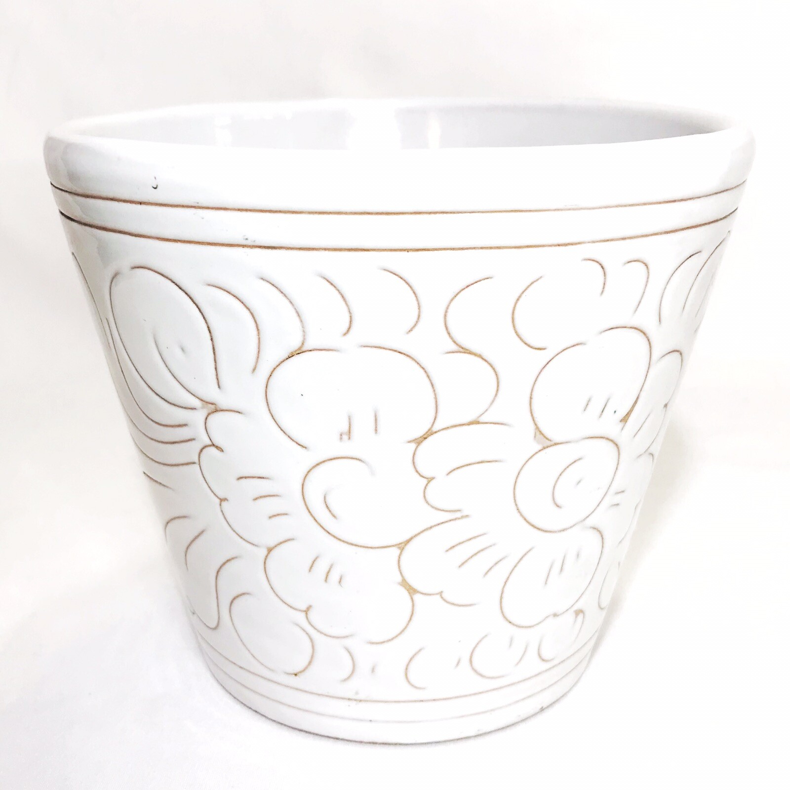 Vintage Italian Sgraffito Pottery Planter Monochromatic 5" Signed