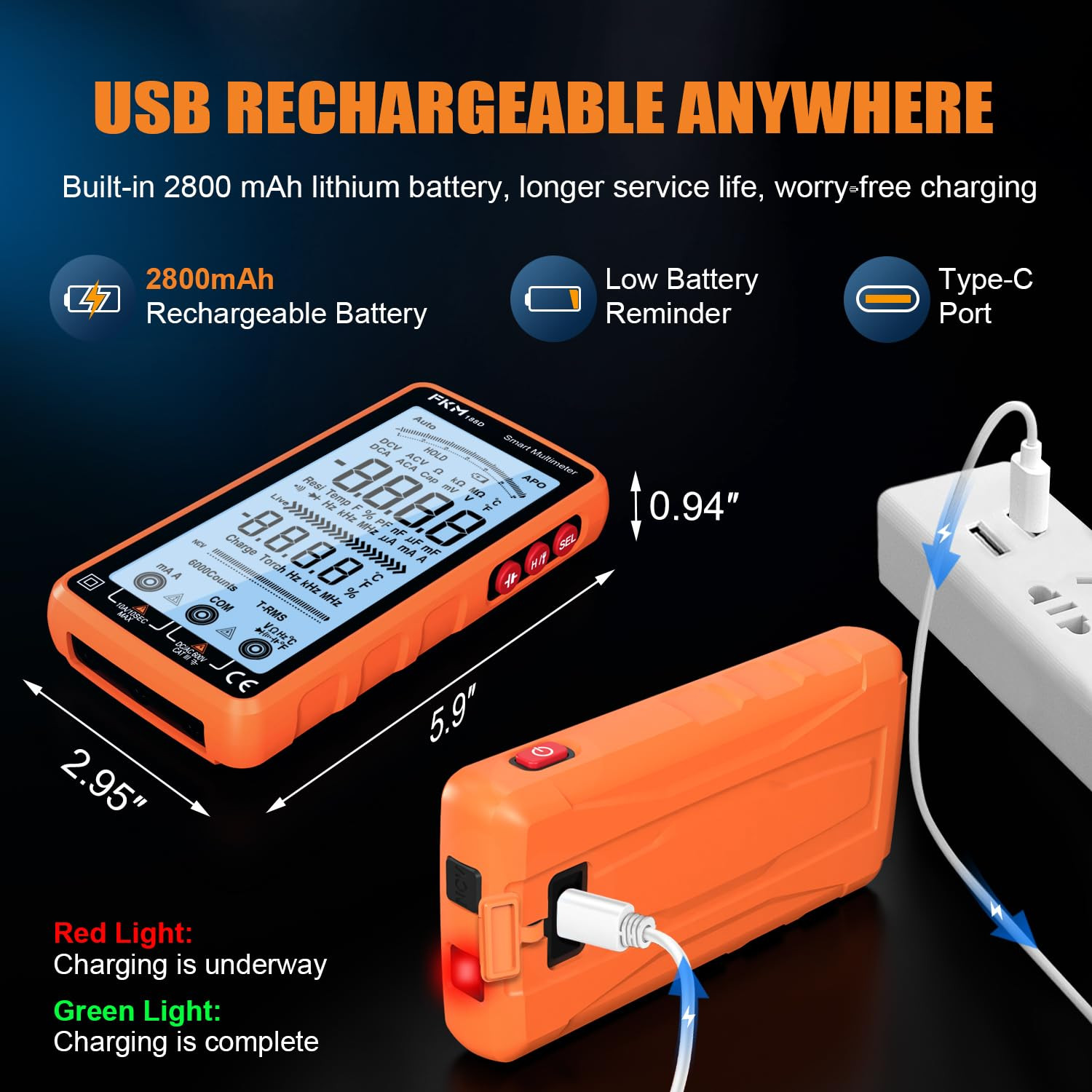 Rechargeable Digital Multimeter Tester Auto-Ranging TRMS 6000 Counts | Smart Vol