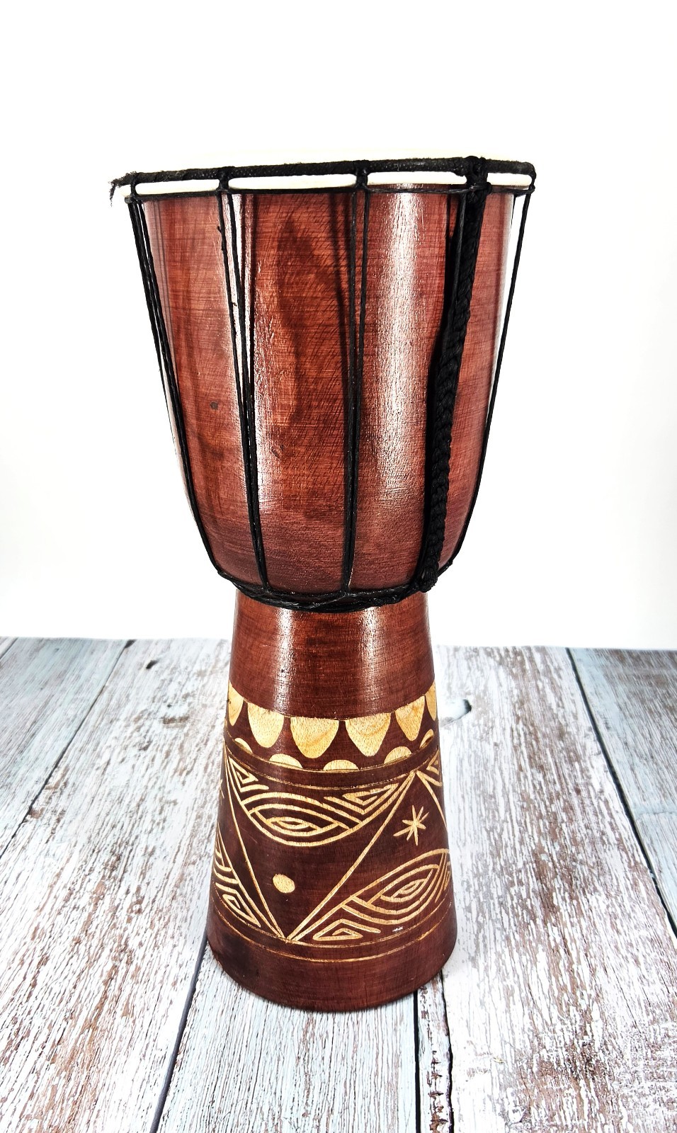 Carved Hand Drum Balinese Djeme Drum Folk Art Design Saur Wood Base Goat Skin