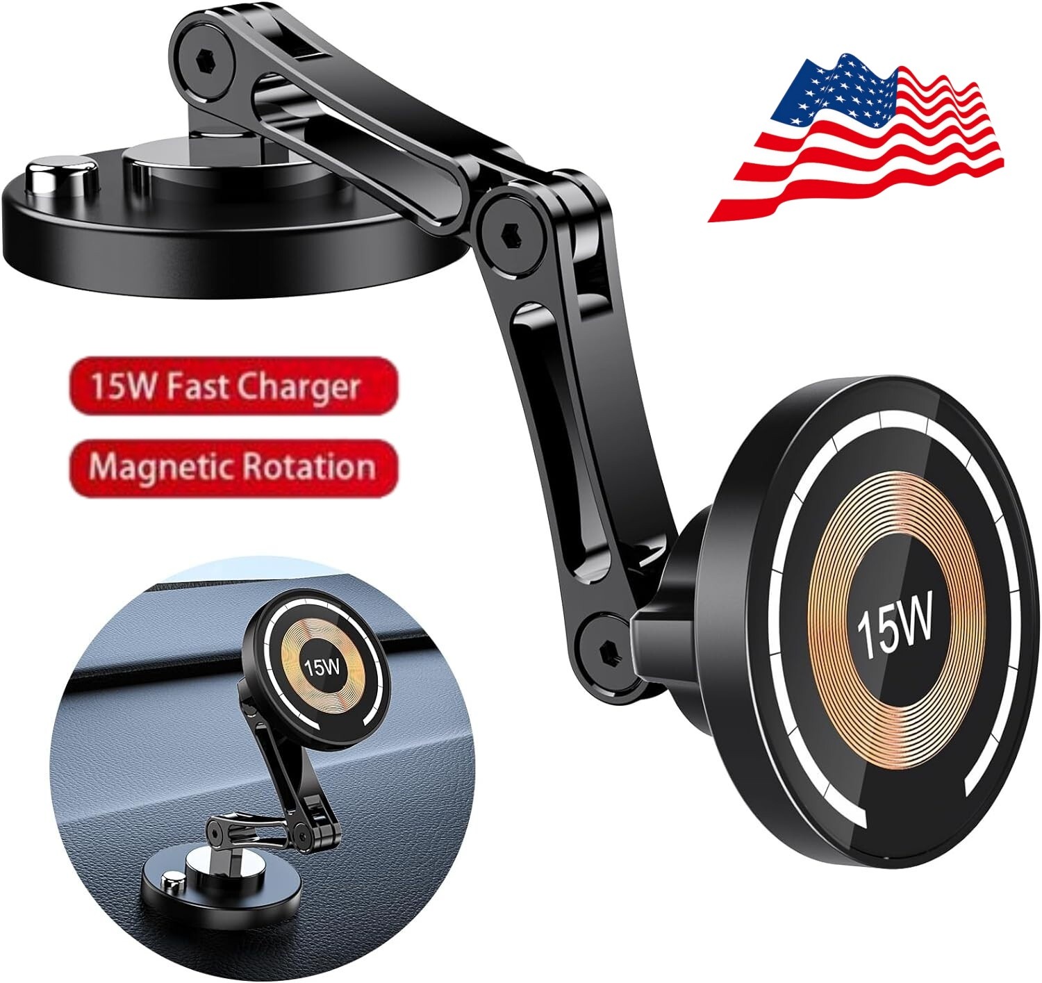 Magnetic 15W Fast Charging Magsafe Car Mount 360° Rotatable Dash & Windshield