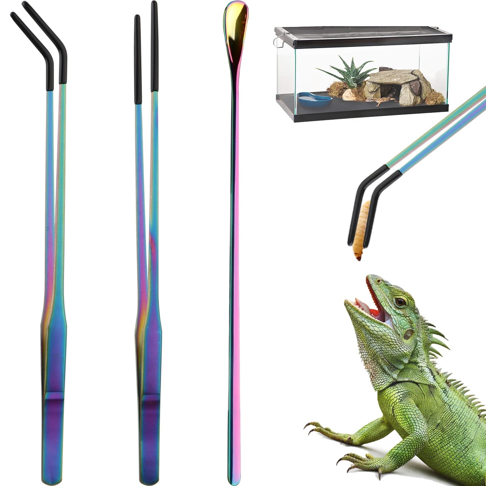 3PCS 10.6" Straight & Curved Reptile Feeding Tongs Set with Spoon | Soft Rubb...