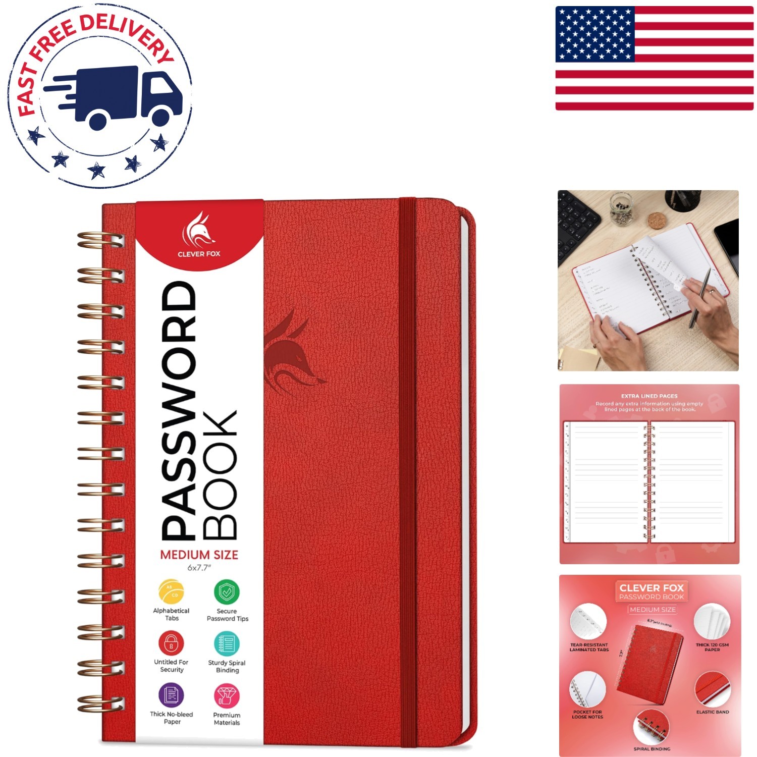 Elegant Password Organizer Notebook | Spiral Bound with Red Faux Leather Cover