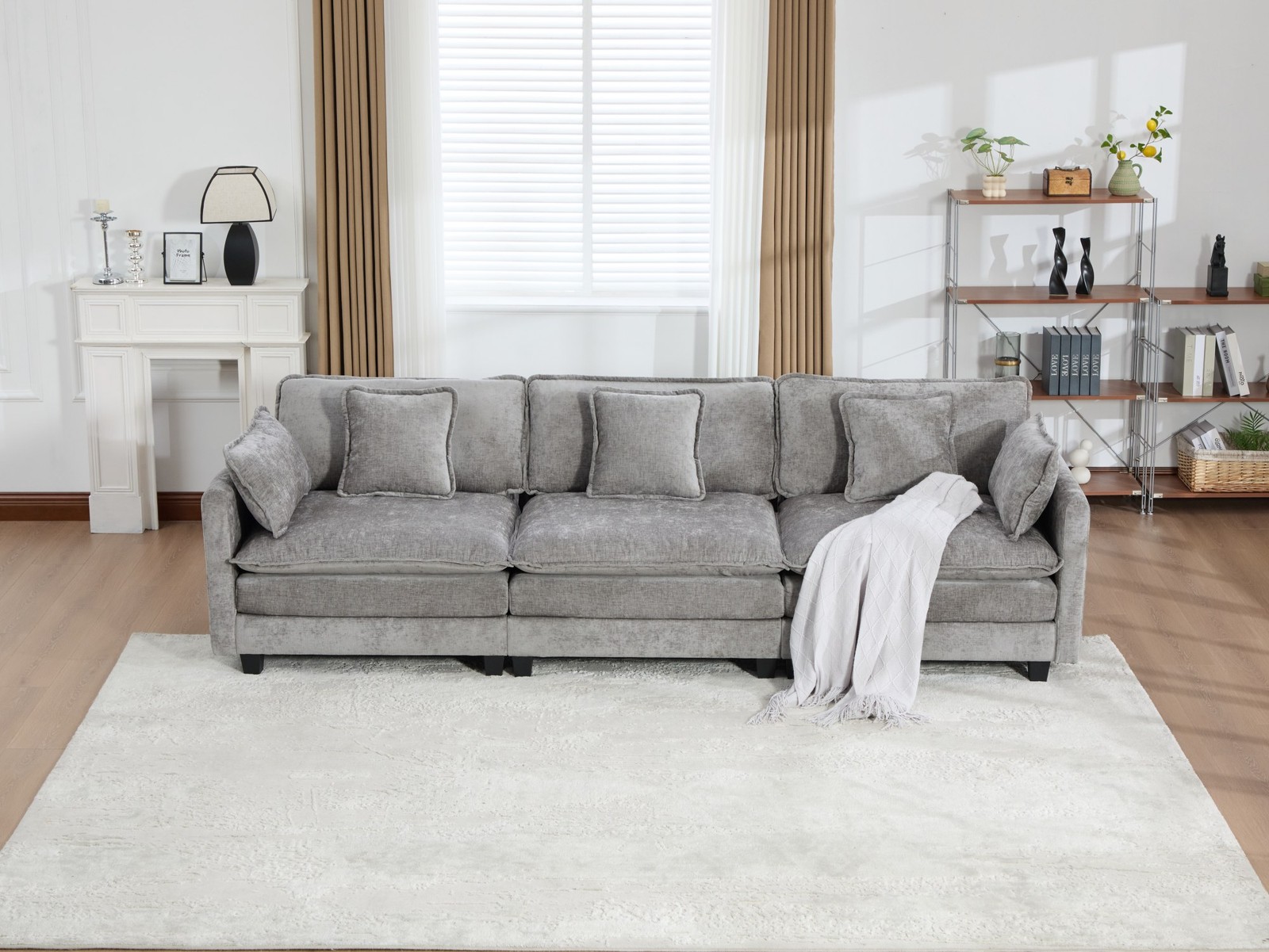 3-Seat Sectional Sofa Cloud Couch, Gray Chenille Fabric Medium-Soft