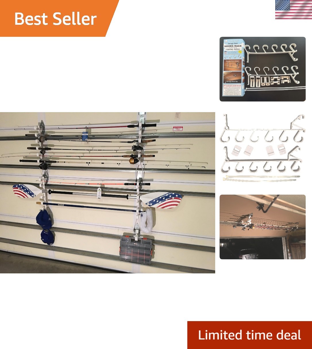 Garage Door Storage Rack with Hooks for Fishing Rods and More