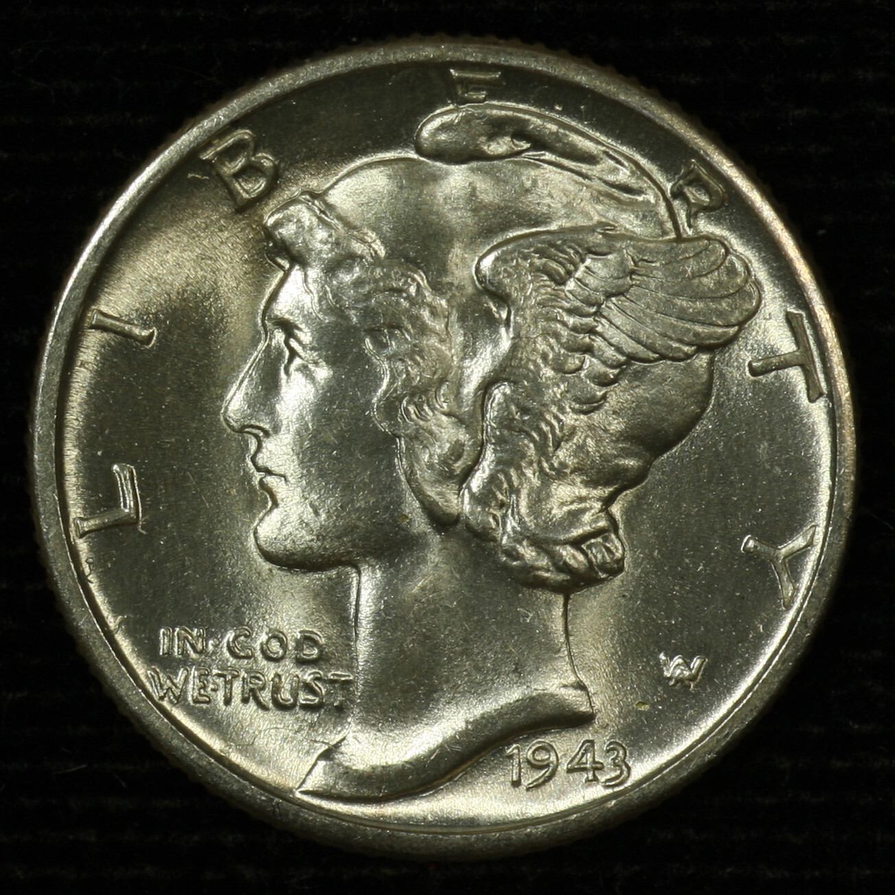 Mercury Silver Dime. 1943 D. FB Gem Brilliant Uncirculated. Lot # 9049-113-155