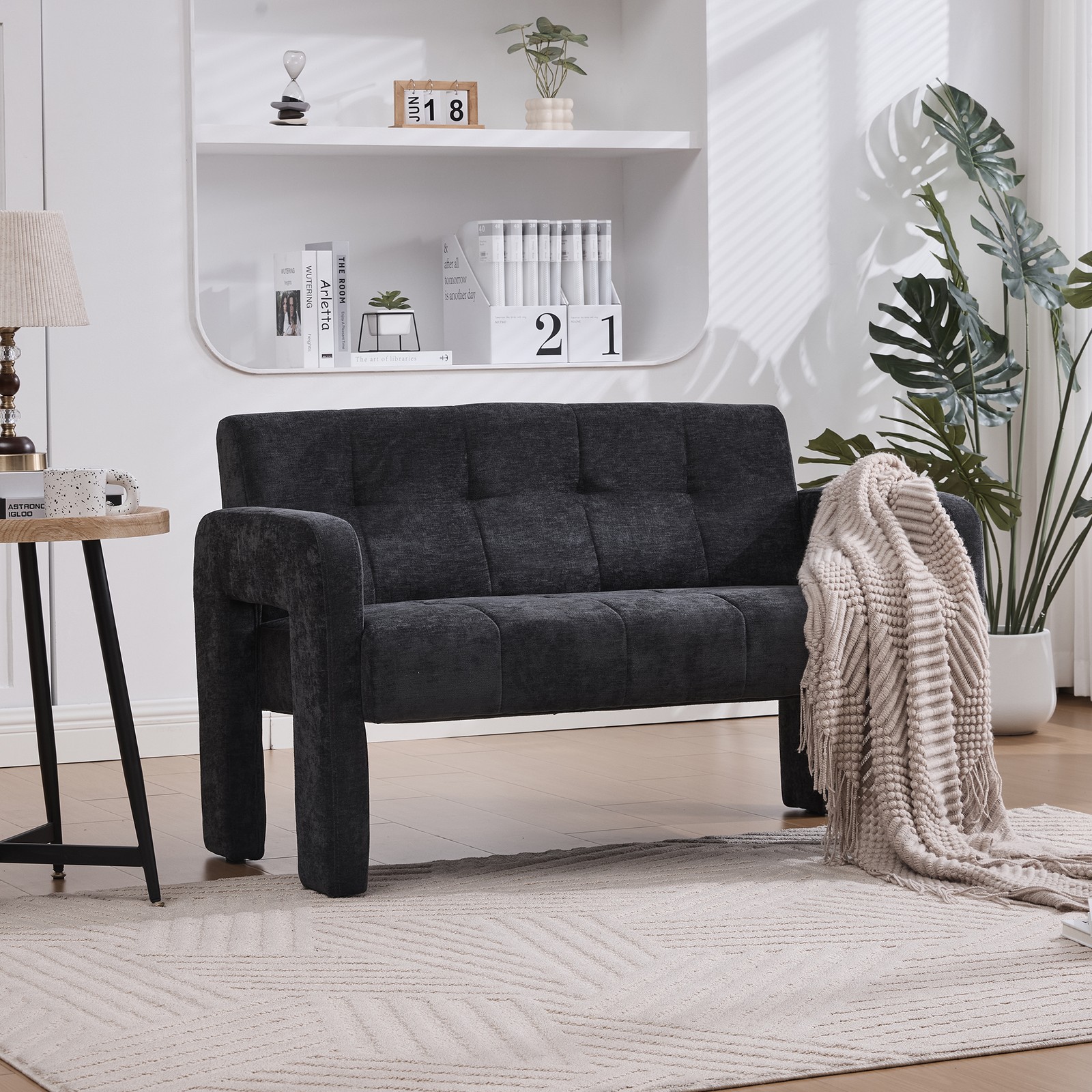 Nordic Modern Double Armchair Loveseat Sofa Chenille Black