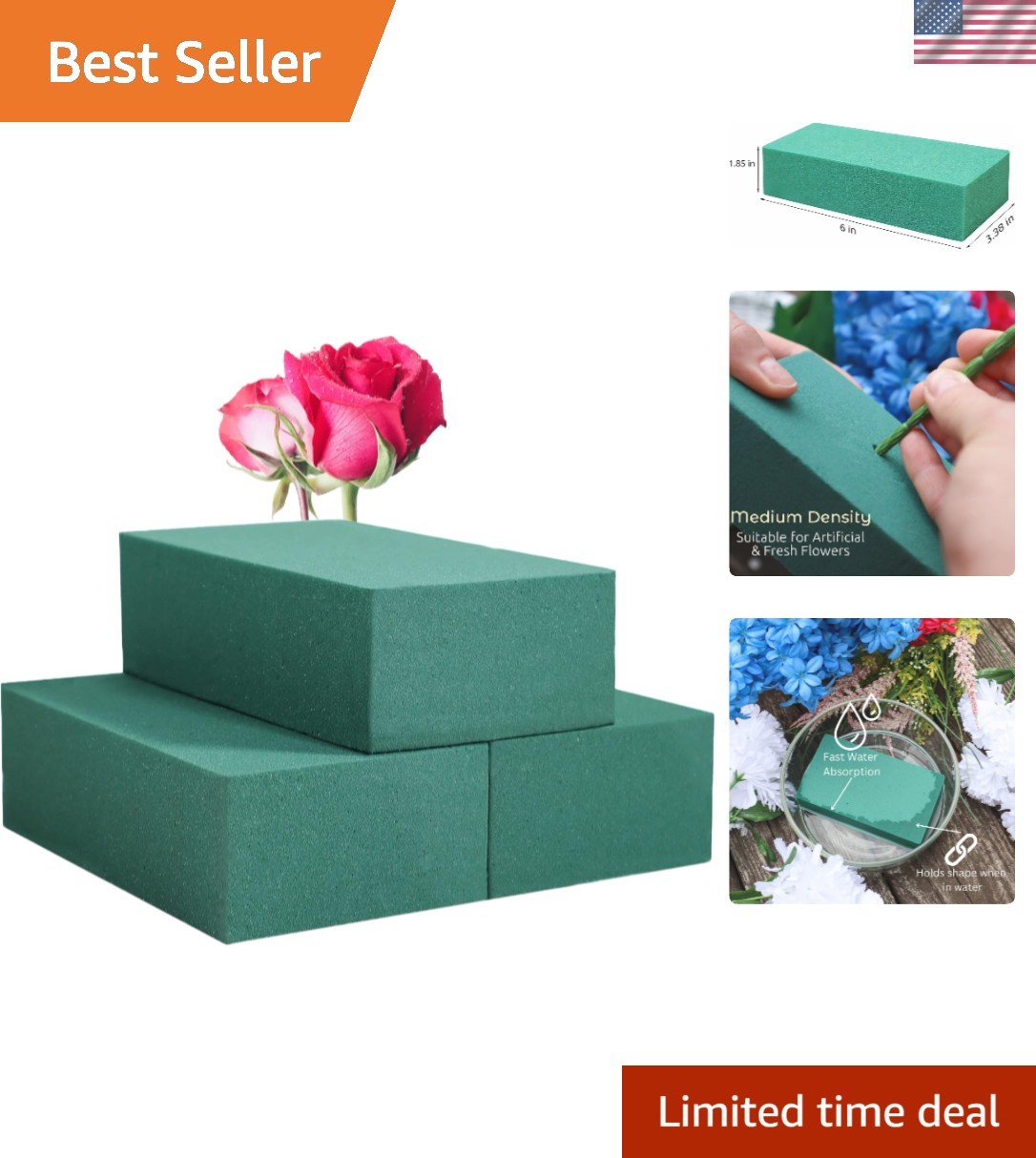 Pack of 3 Floral Foam Blocks Each 6"L x 3.38"W x 1.85"H Green Wet & Dry Flowe...