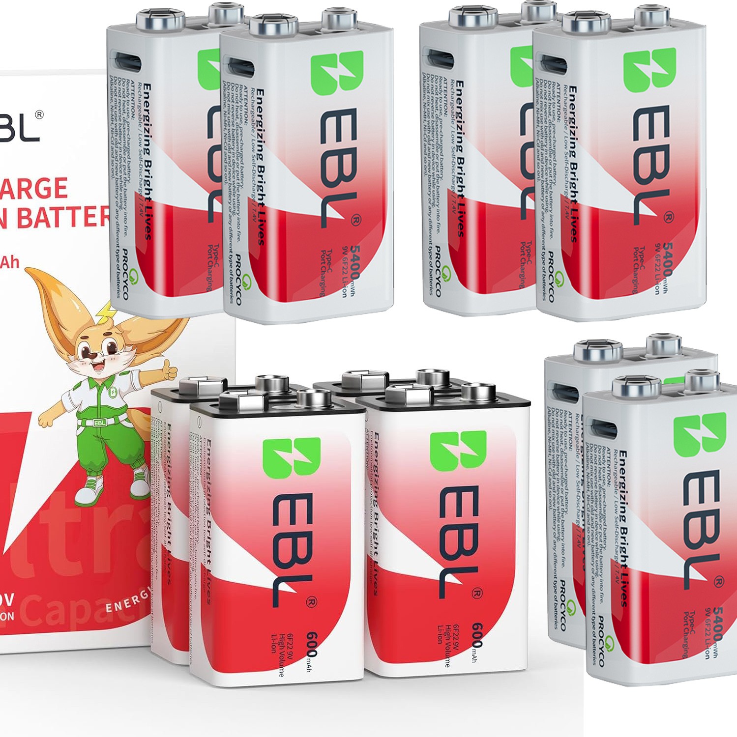 EBL 9 Volt Li-ion USB Rechargeable Batteries 5400mWh 9V Lithium Ion Battery Lot