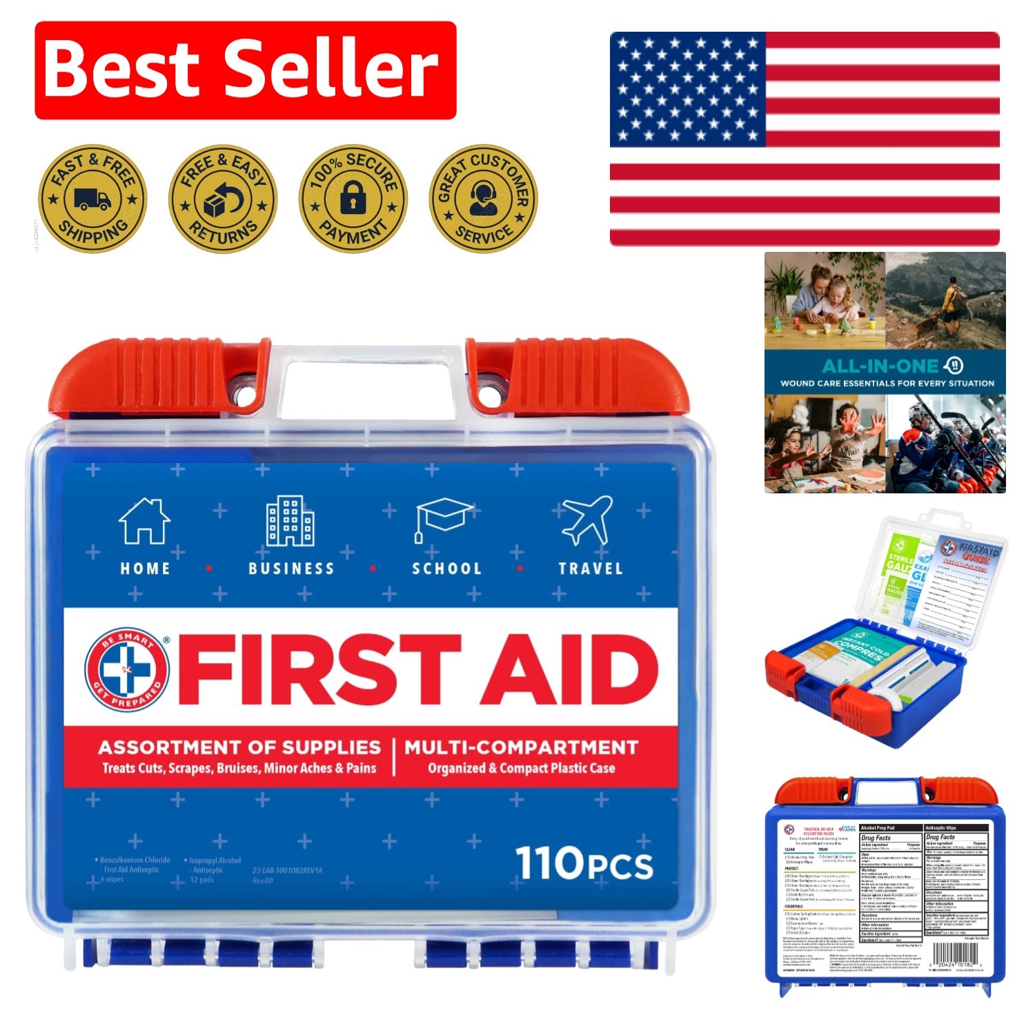 Comprehensive First Aid Kit (110 Pieces) with Durable Case for Home & Travel