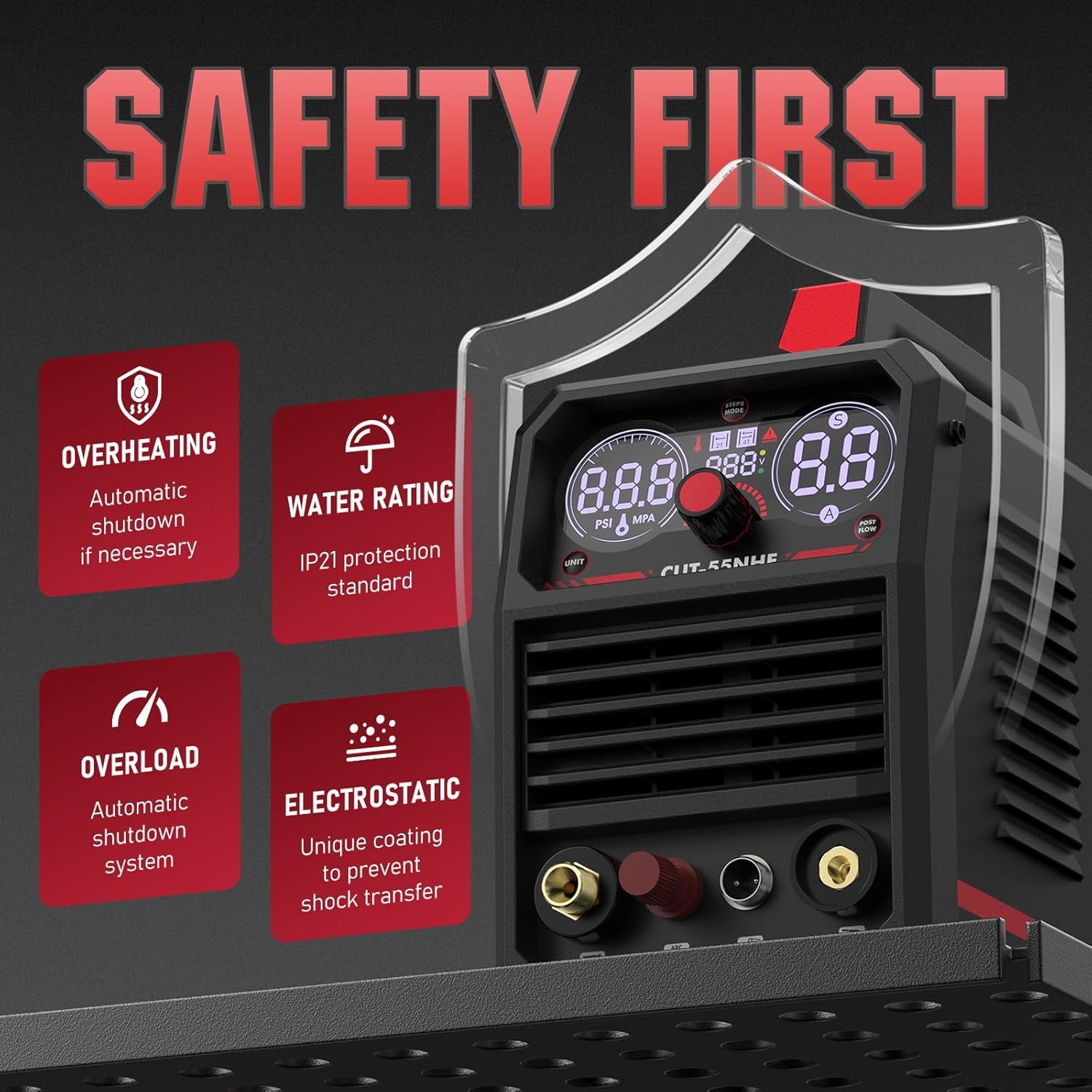 55A Dual Voltage Plasma Cutter with Large Digital Display, Non-HF Pilot Arc