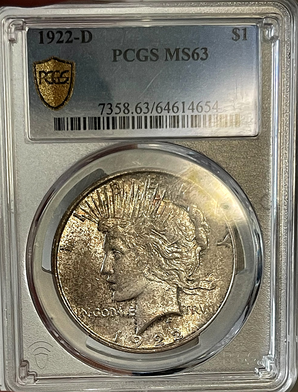 1922-D Peace Silver Dollar - PCGS MS 63 - Haunting Tone - Gold Shield