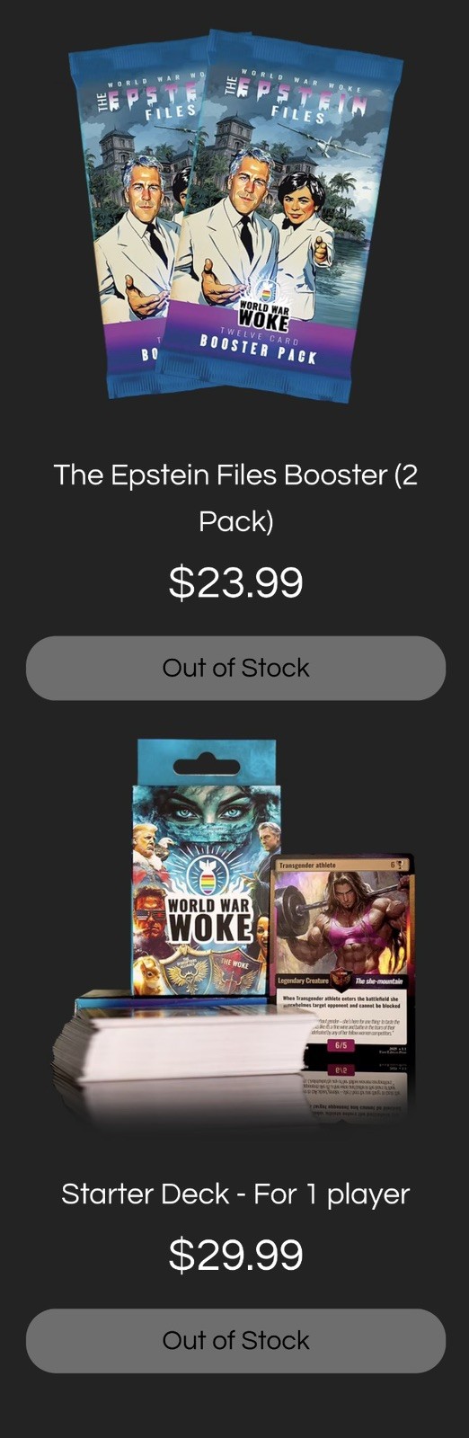 World War Woke Starter Deck & Epstein Files FULL 48 Base Set + All Holos