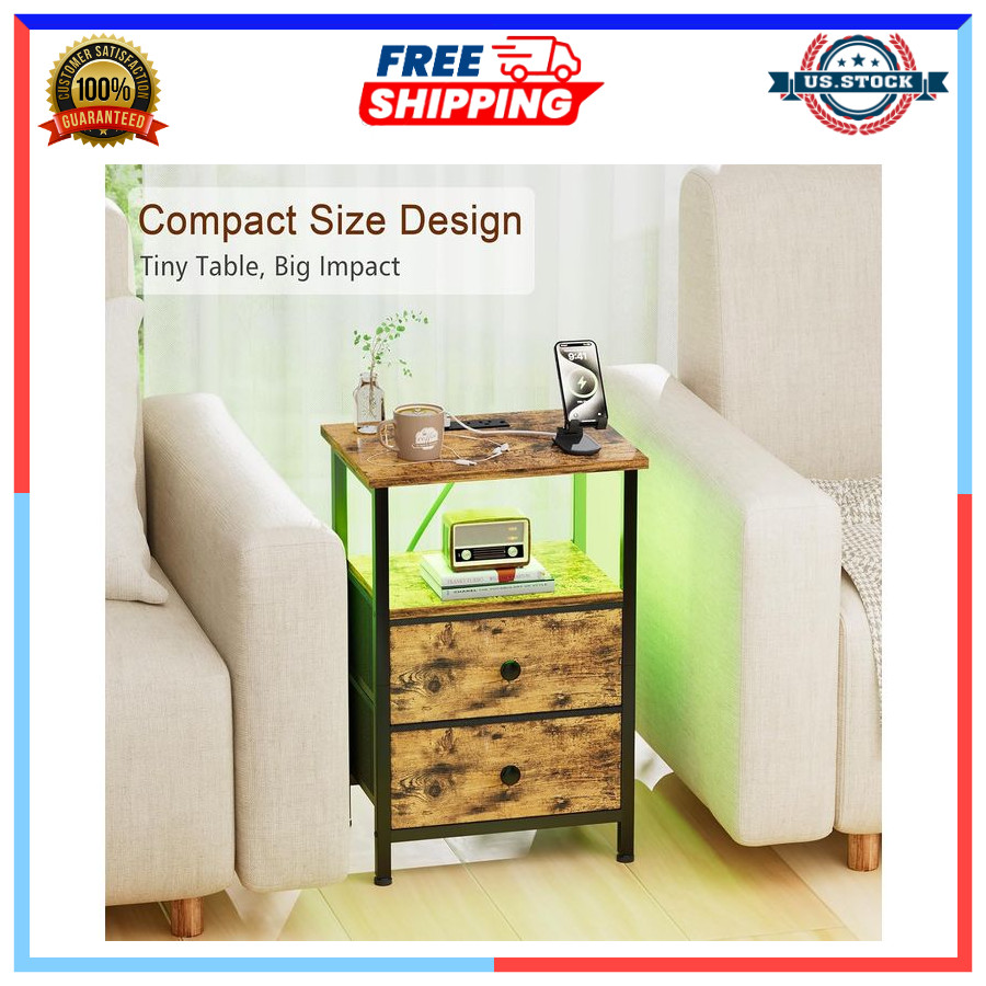 Small Bedside Table with USB Ports & Outlets, 2 Drawer Nightstand Brown