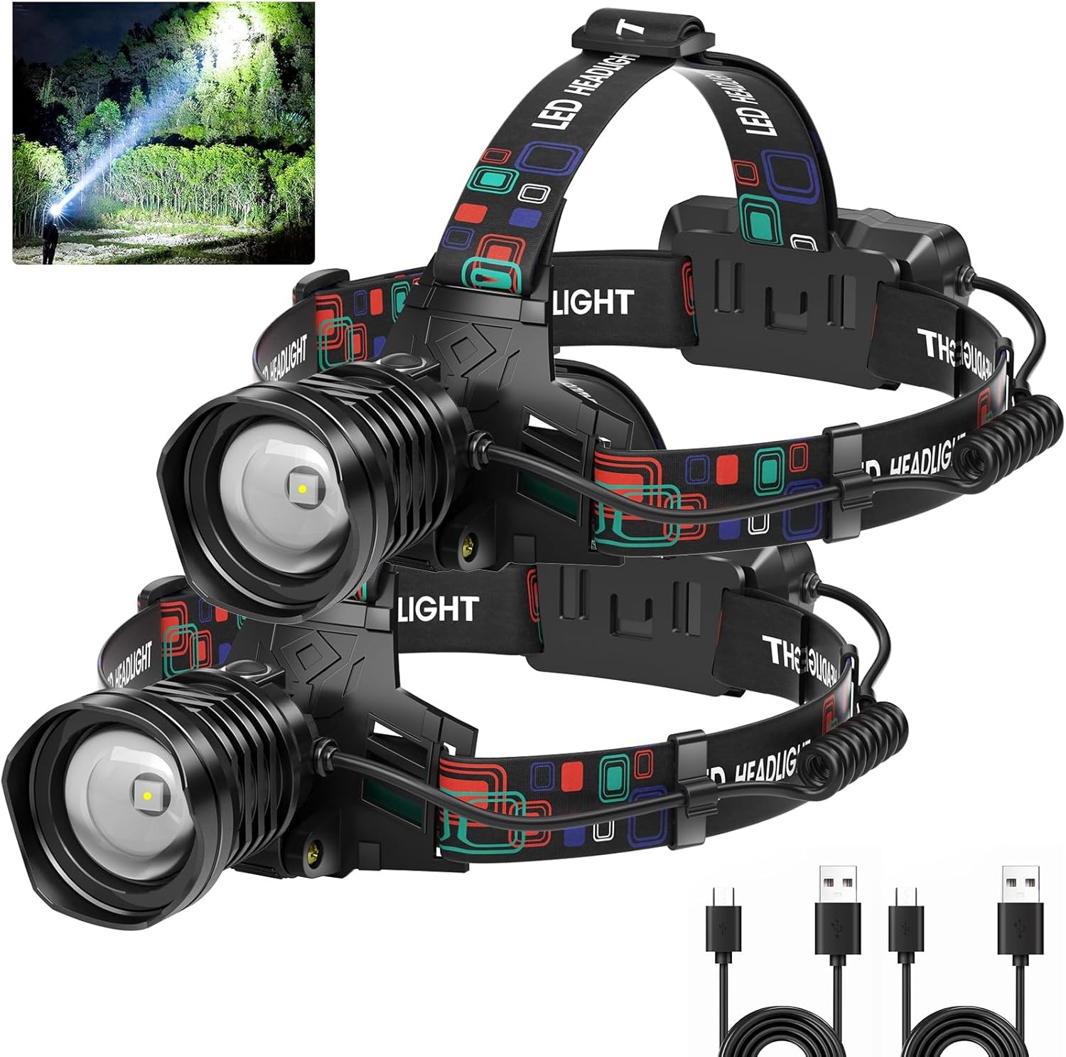 Azamine 2-Pack Rechargeable LED Headlamp 99000 Lumens, 3 Modes, IPX6 Waterproof