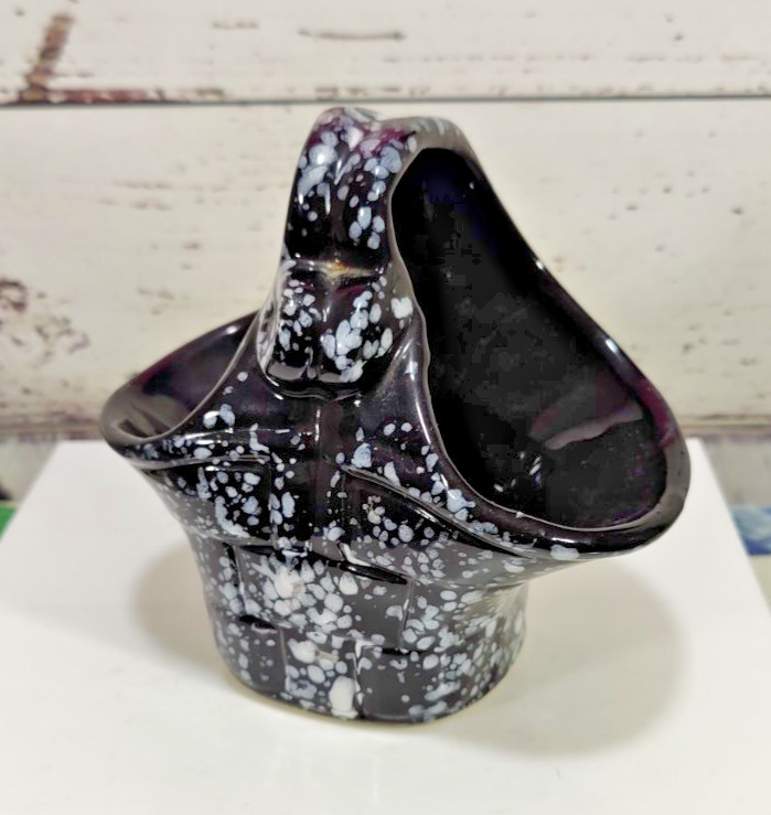 Vintage MCM Black Ceramic White Speckled Glaze Basket Shaped Art Pottery Planter
